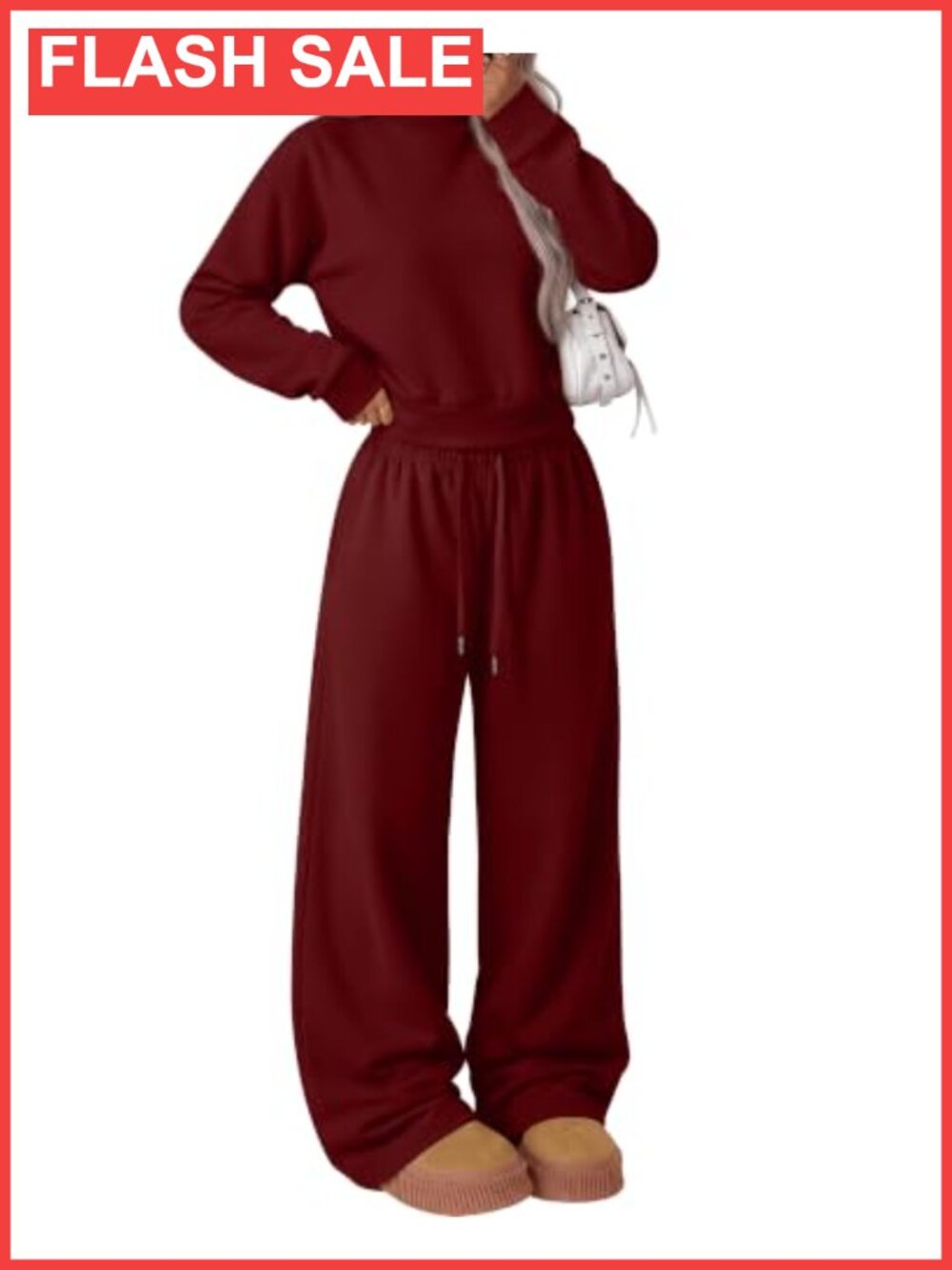 Women 2 Piece Fleece Sweatsuit Mock Neck Wide Leg Lounge Set
